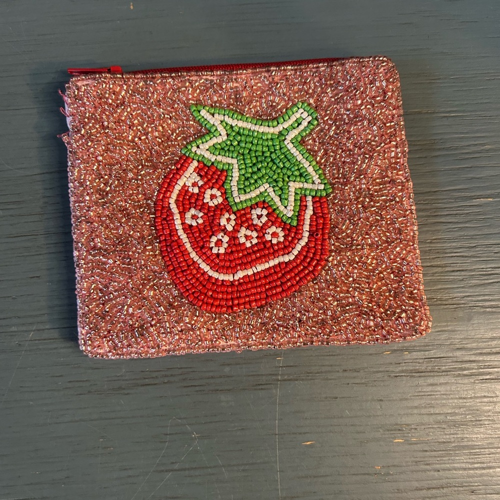 Pink Beaded Strawberry Coin Purse